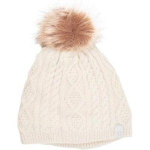 NEW Chaos Beige Cable Knit Beanie Hat Faux Fur Pom One Size